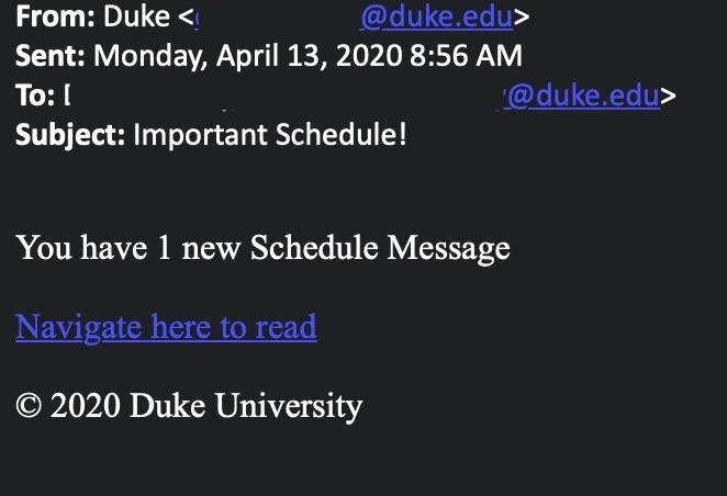 Screen shot of suspicious message with Subject: Schedule Message